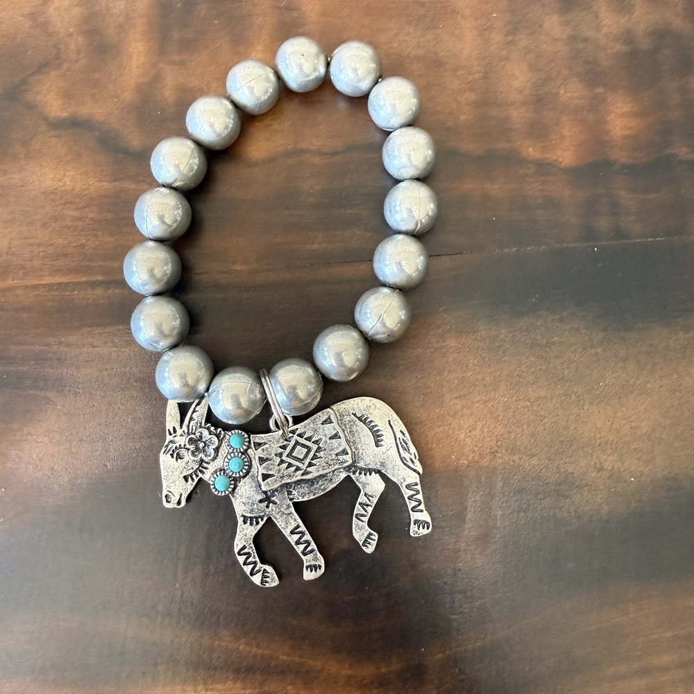 Western Silver Beaded Stretch Bracelet Detailed Donkey Burro Charm Bracelet - Picture 2 of 6